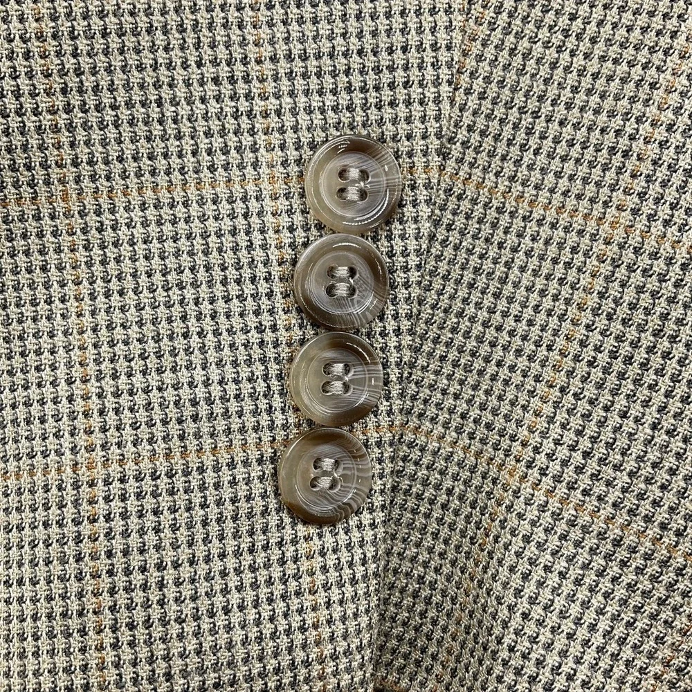 Andrew Fezza Blazer Men 41 Long Tan Gray Glen Plaid Gold Silk Wool Classic